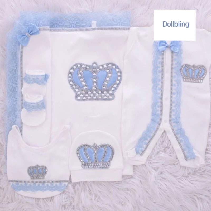 Dollbling Newborn 5pcs Layette Outfits Set Baby Tuxedo Outfit 0-3M Handmade Embroidery Wheat Jewels Crown Parajams Gift Set