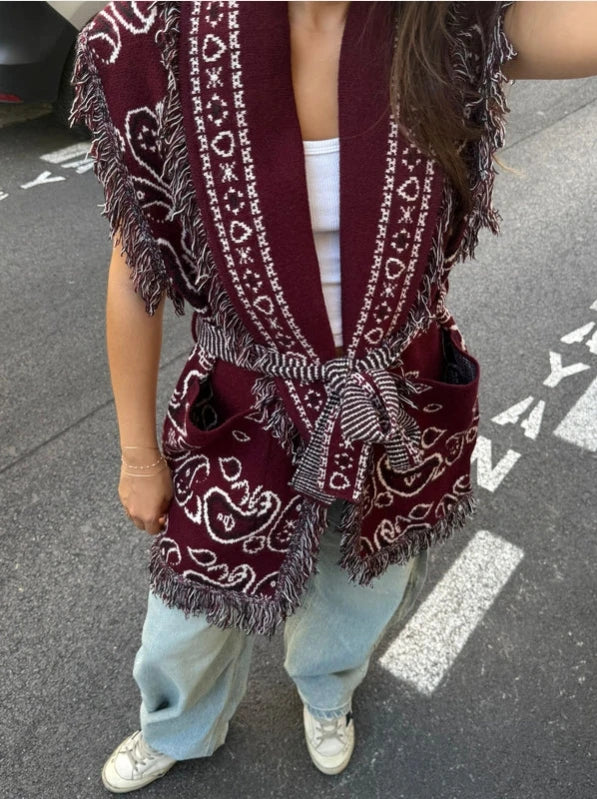 Women's Print Fringe Knitted Vest Coat Fashion Sleeveless Tie Waist Pocket Cardigan Sweater Lady 2025 Autumn Casual Outerwear