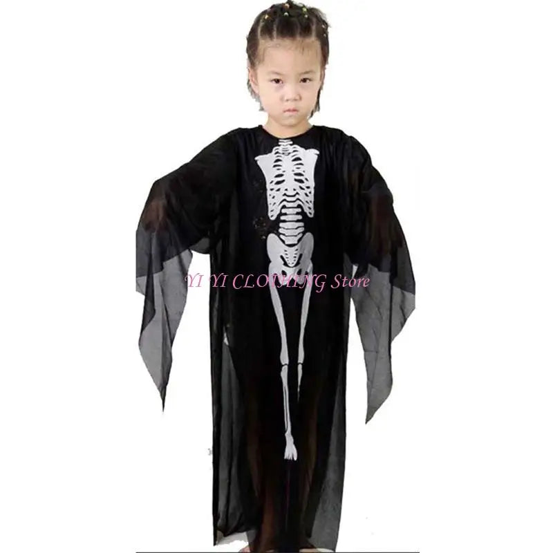 Halloween Skull Skeleton Cosplay Costume Scary Ghost Robe with Front Bone Print for Children Adult Carnival Party Cloak