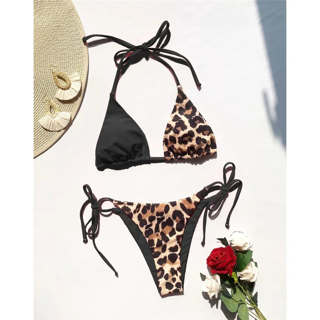 Halter Splicing Leopard Bikinis 2026 Satin Bikini Female Swimsuit Women Swimwear Two-pieces Bikini Set Micro Bathing Suit Swim