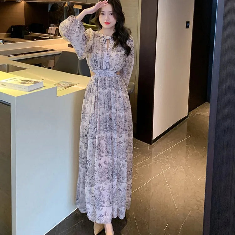 Elegant Boho Vintage Dress 2025 Spring Casual Printed Maxi Vestido Woman Sexy Hollow Waist Chiffon Beach Dress Female Clothing