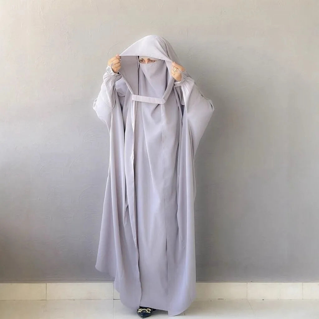 Muslim Abaya Hooded Smocking Sleeve One-piece Prayer Dress Women Jilbab Islamic Clothing Dubai Saudi Black Robe Turkish Modesty