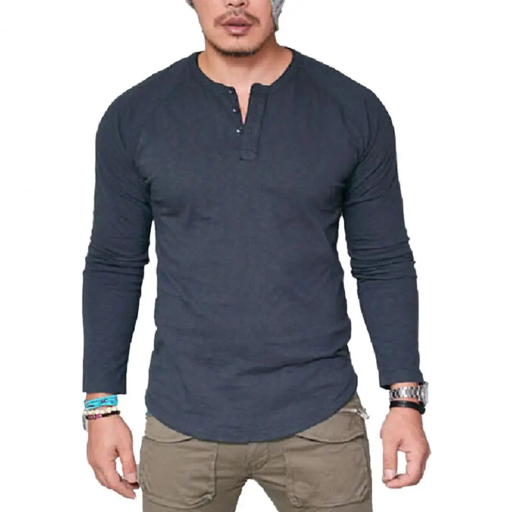 Men Cotton T-shirt All Match O Neck Buttons Slim Long Sleeve Men T-shirt T-shirt Breathable Cotton O Neck Blouse Male Autumn Tee