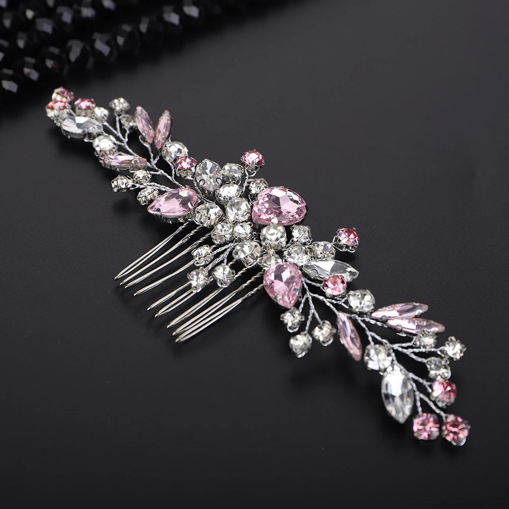 Crystal Flower Bride Hair Accessories Red Wedding Head Jewelry Blue Rhinestone Headdresses Women Hair Comb 9 Colors Headpieces