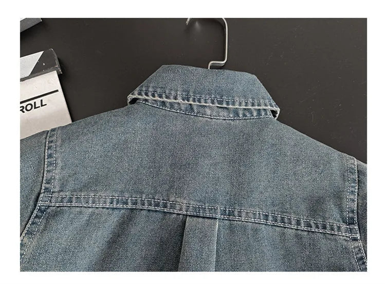 2025 Trendy Boys' Denim Set Vintage Wash Short Sleeve Shirt & Shorts 2-Piece Summer Outfit