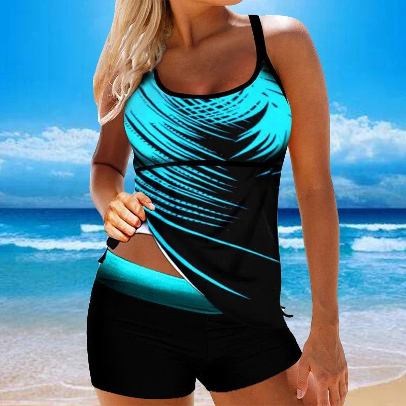 Leaf Printed Swimsuit Women Sexy Strap Cross Backless Plus Size Tankini Set Female Summer Beach 2 Pieces Swimwear Bathing Suit