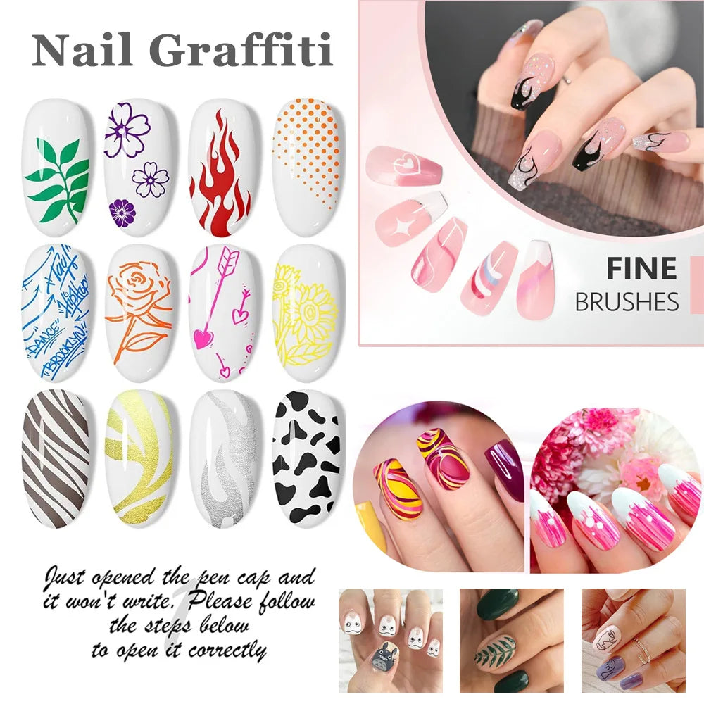 12 Colors Nail Art Pen Waterproof Paint Pen Set Quick-dry DIY Nail Graffiti Pen Drawing Painting Line Pencil Manicure Tools