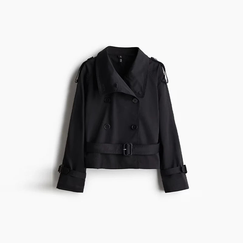 Fashion Women's Short Belt Jackets Long Sleeve Stand Collar Double Breasted Female Coat 2025 Autumn Lady Solid Outwear