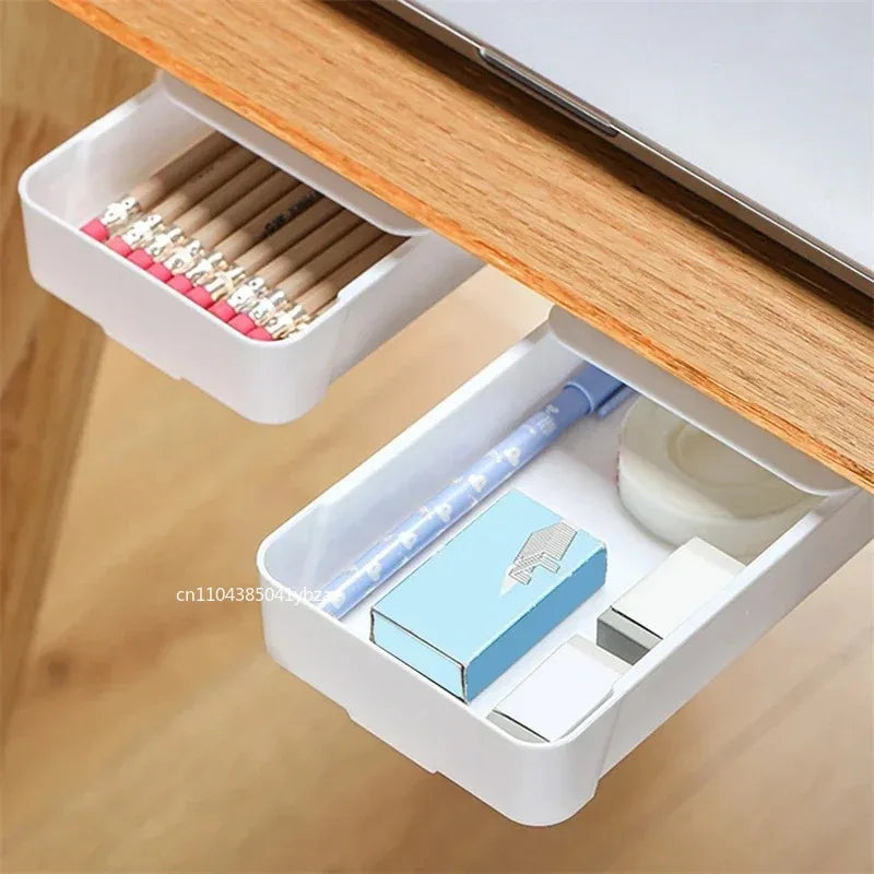 White Self-Adhesive Storage Drawer Box Makeup Pencil Tray Desk Hidden Under Desk Stand Self-adhesive Under-drawer Storage Boxes