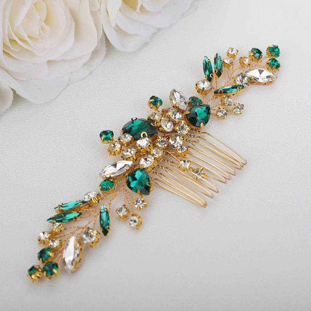 Crystal Flower Bride Hair Accessories Red Wedding Head Jewelry Blue Rhinestone Headdresses Women Hair Comb 9 Colors Headpieces