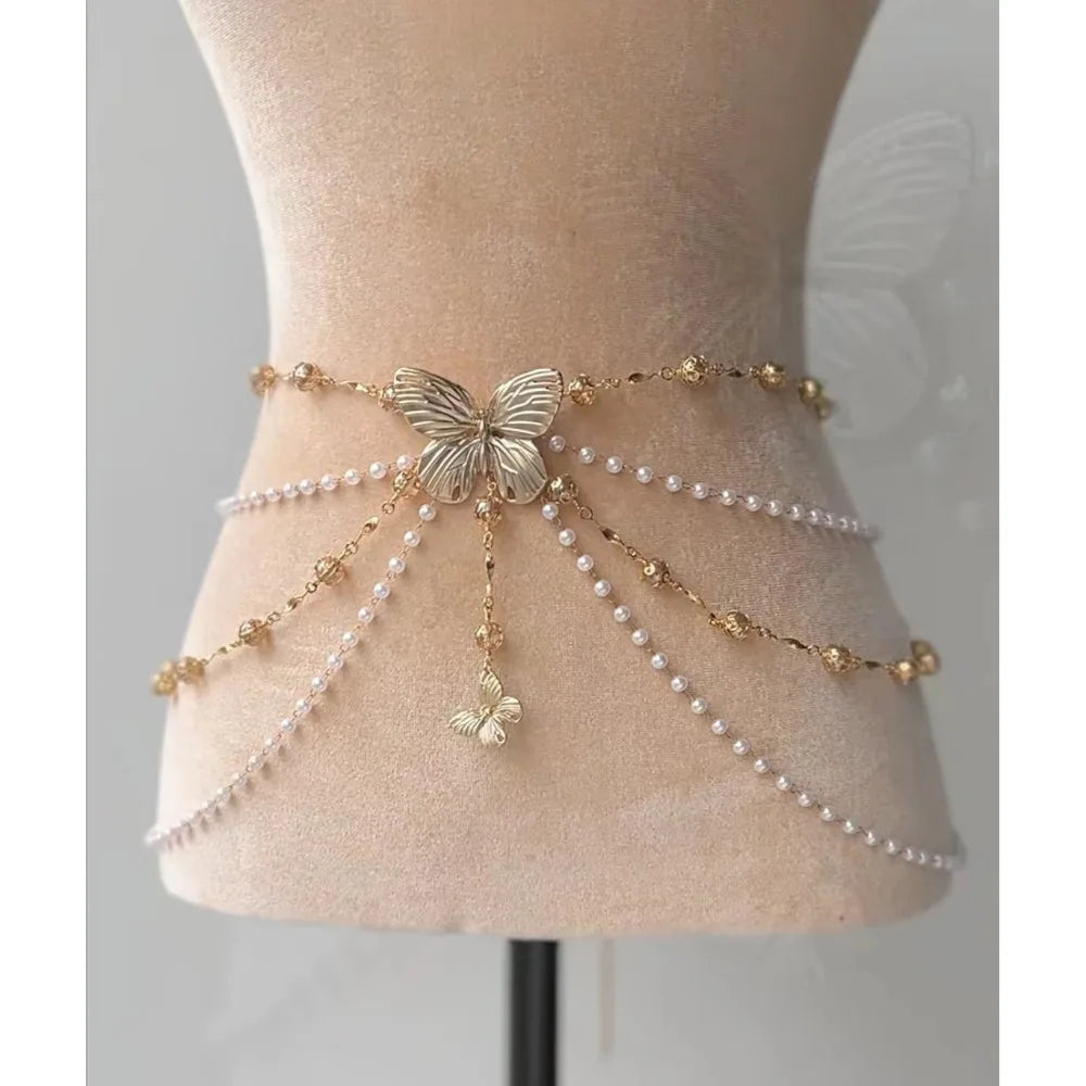 Fashion Elegant Pearl Waist Chains Waist Accessory Versatile Floral Belly Chain Boho Hip Chain Women
