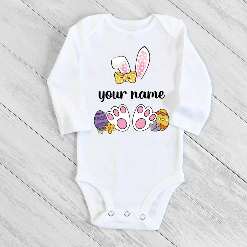 Personalized Easter Romper Easter Bunny Romper Custom Name Baby Girls Cute Outfit Newborn First Easter Party Clothes