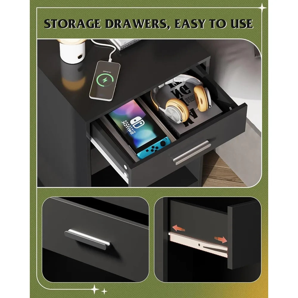 Nightstand Set of 2 with Charging Station,Wood Night Stand Sets with2 Drawers and Open Shelf,Bed Side Tables Bedroom,Living Room