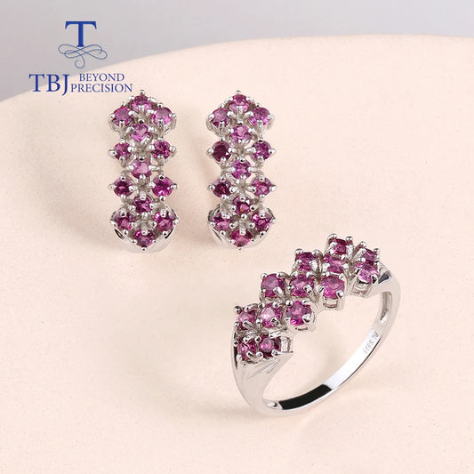 Natural Rhodolite Garnet Light luxury design Ring Earrings Jewelry set Women 925 sterling Silver fine jewelry