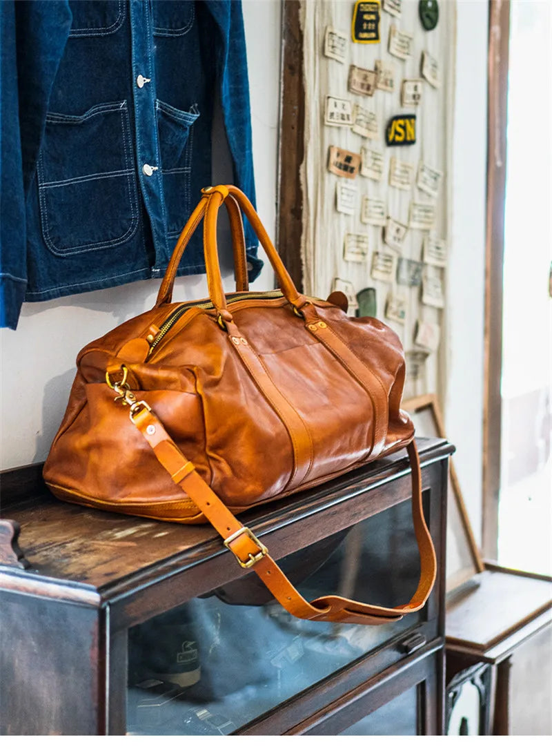 Vintage fashion luxury genuine leather men's travel bag outdoor weekend large capacity crossbody bag real cowhide women handbag