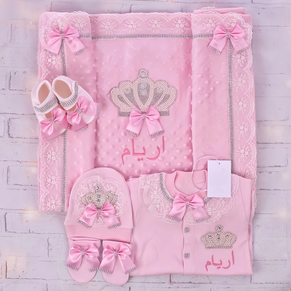 Dollbling Newborn 5pcs Layette Outfits Set Baby Tuxedo Outfit 0-3M Handmade Embroidery Wheat Jewels Crown Parajams Gift Set