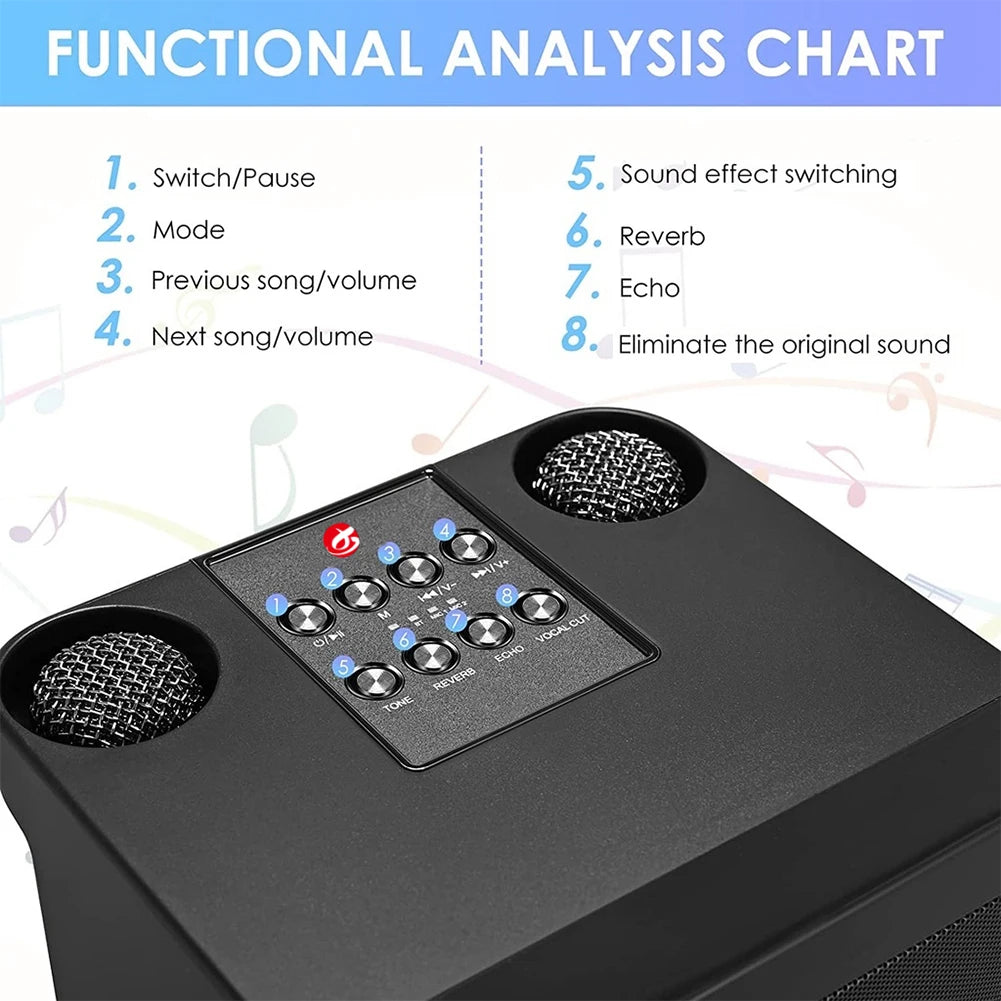 Karaoke Machine with 2 Wireless Microphones Wireless Portable BT Speaker Support BT/USB/TF Card/Aux 1500mAh for Karaoke Party