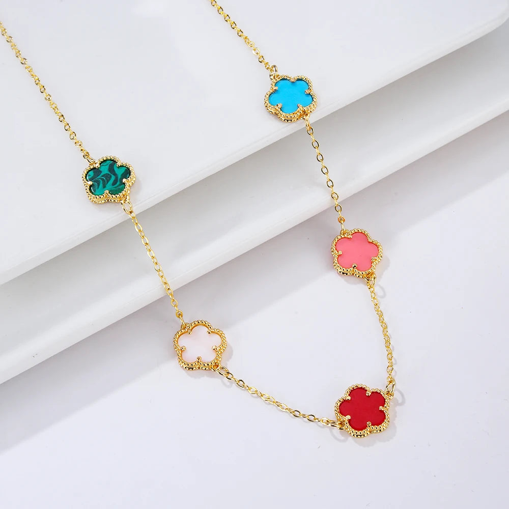 Double Sided Plum Blossom Natural Stone Hot Selling Plant Five Leaf Flower Pendant Necklace Collarbone Chain Woman Clover