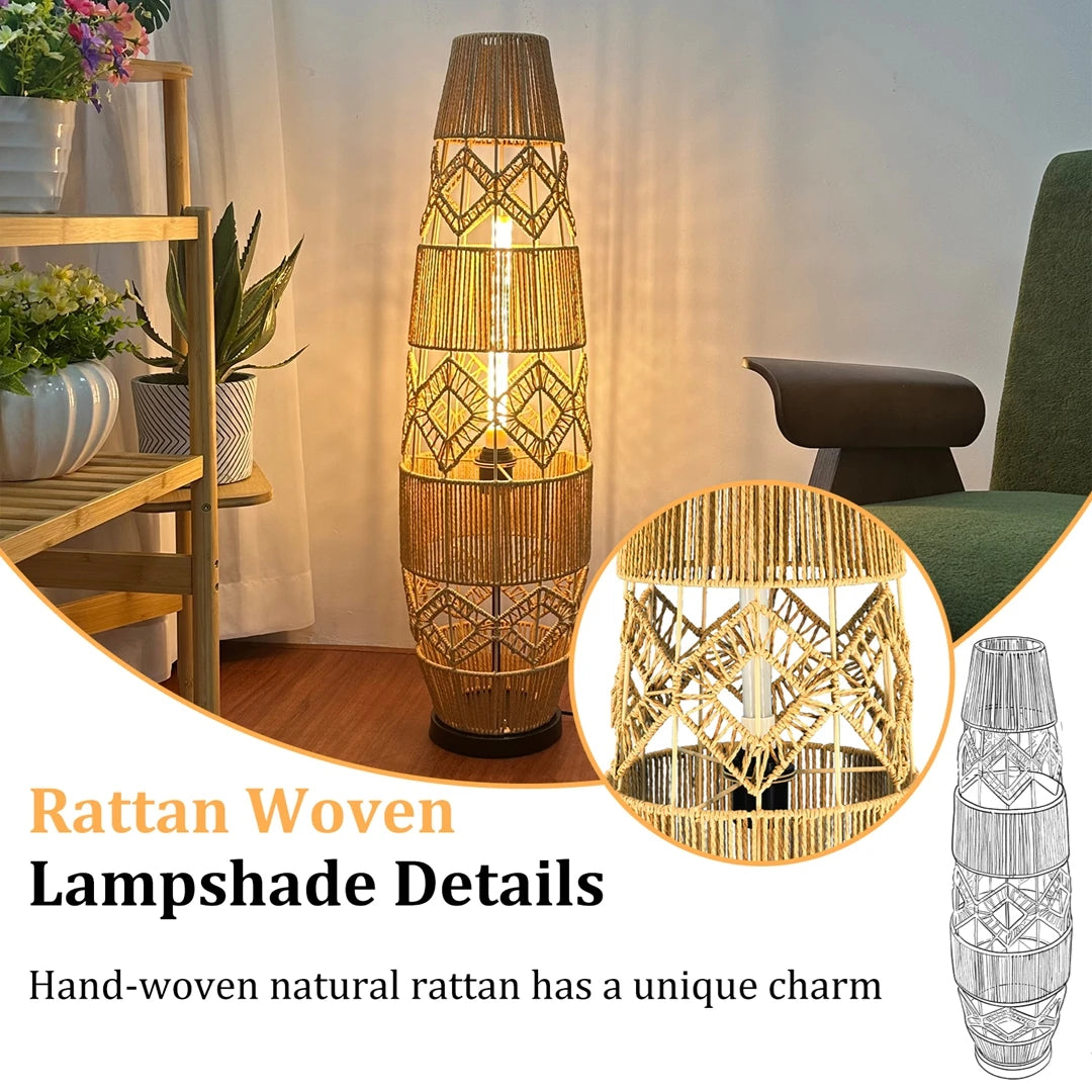 Boho Rattan Floor Lamp Hand-Woven with LED Light Bar, Corner Reading Lamp for Living Room Bedroom
