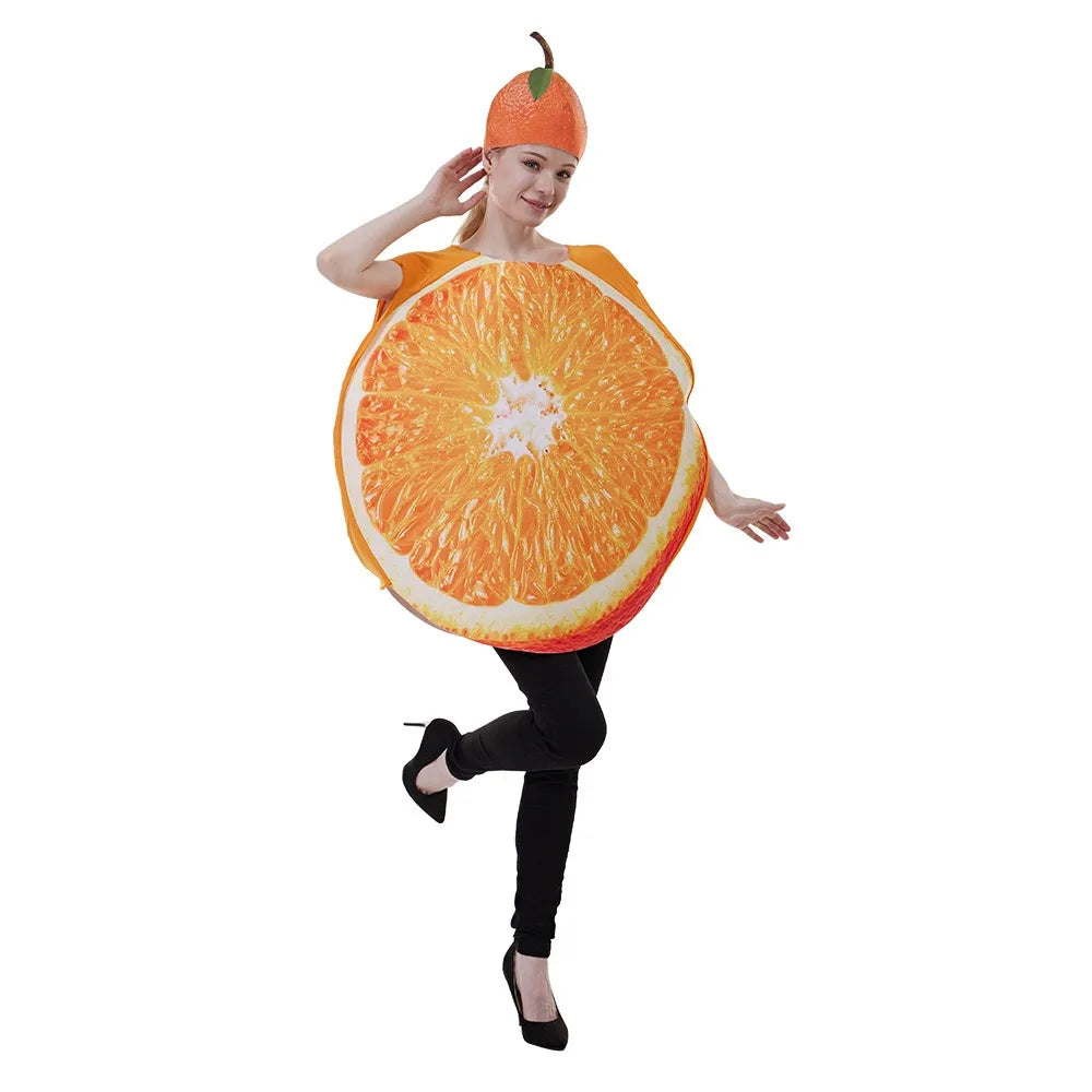 Halloween fun fruit slice costume for adults - wearing an orange outfit as a vegetable at a party in a bar for a performance.