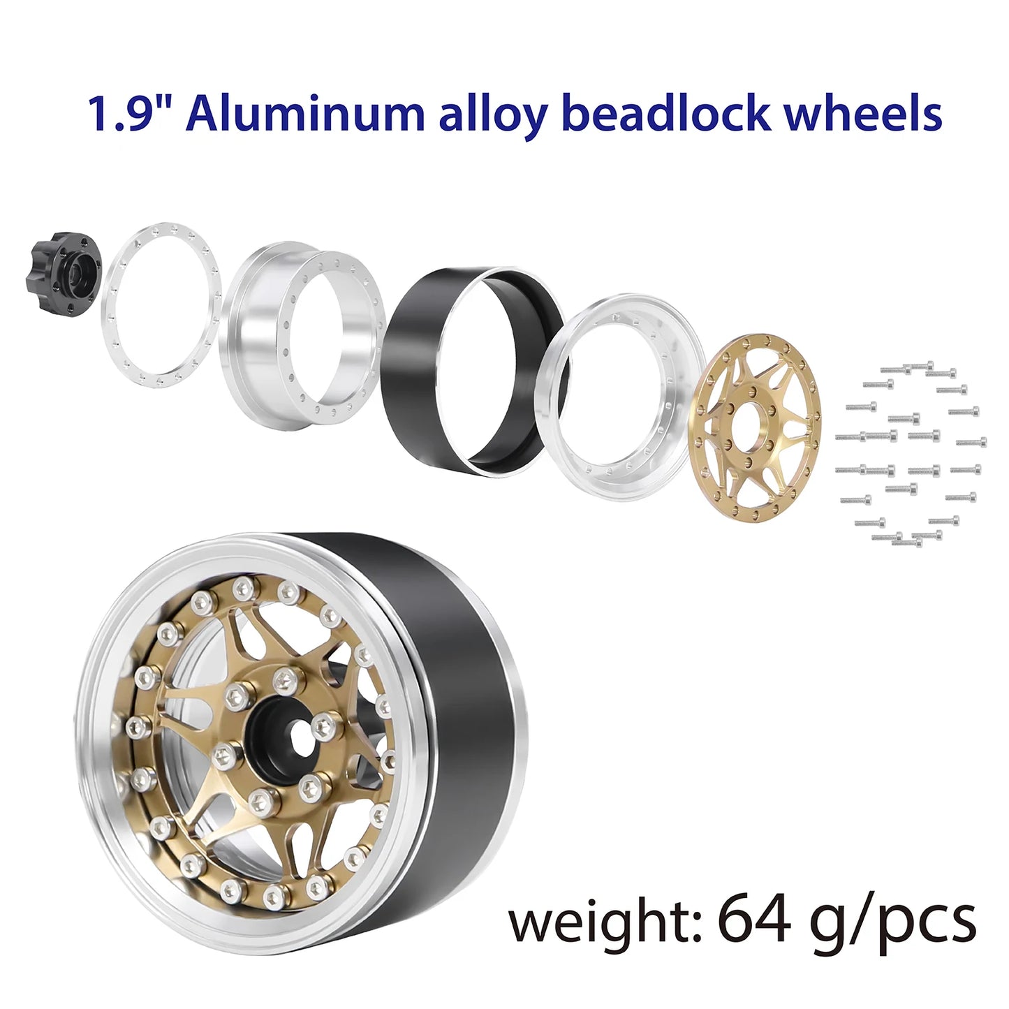 1.9" CNC Aluminum Beadlock Wheels Rim with Adjustable Offset for TRX4 TRX6 Axial SCX10 Redcat GEN8 RC4WD D90 1/10 RC Crawler