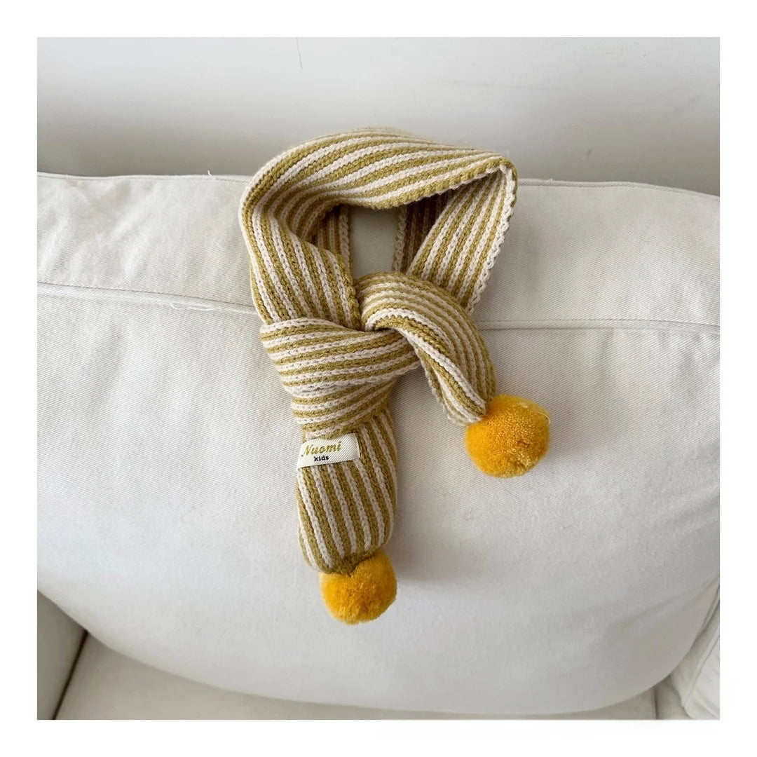 Warm Winter Neck Warmer 2025 Kids Striped Knitted Scarf with Cute Pom Poms Soft Fashion Accessory for Baby Toddler Boys Girls