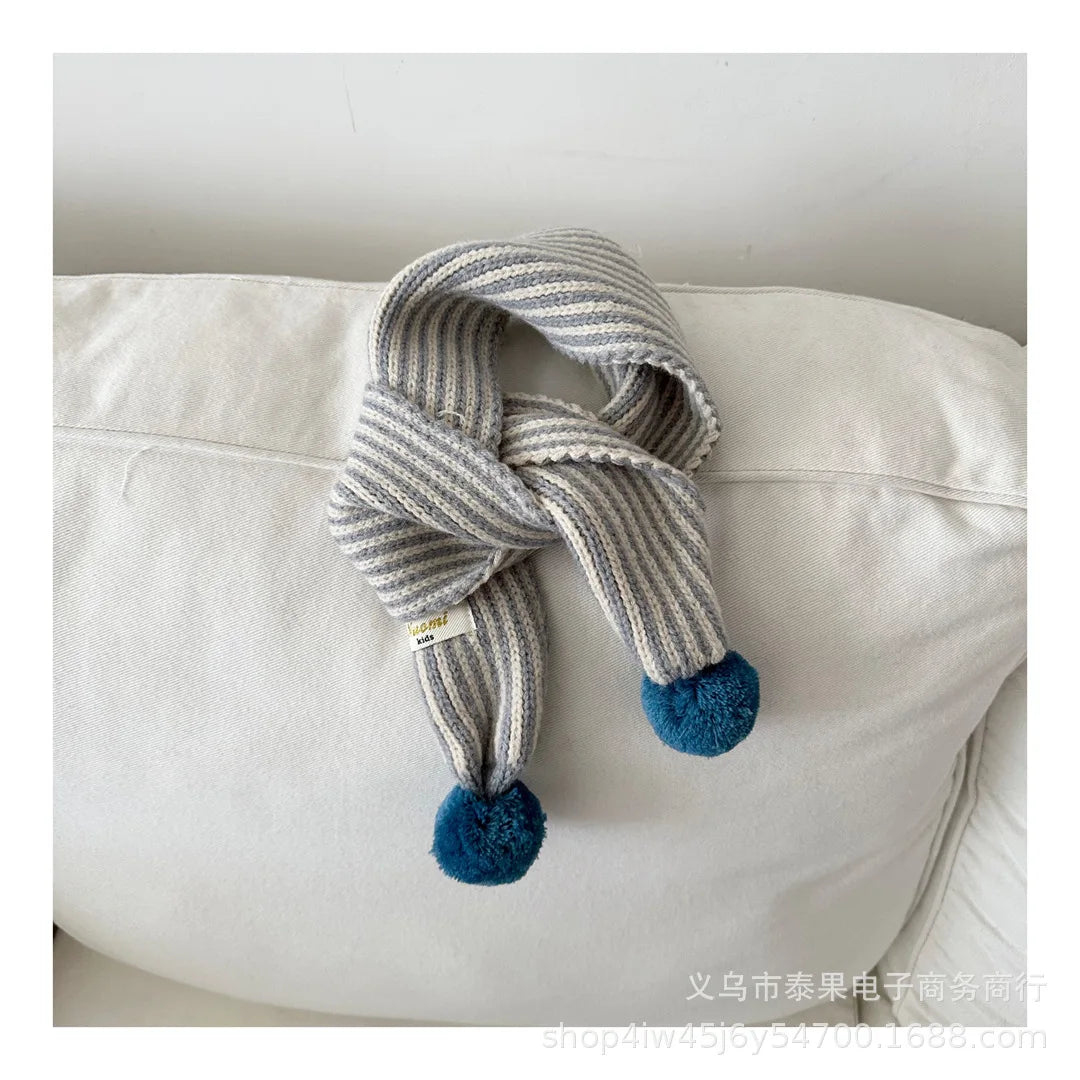 Warm Winter Neck Warmer 2025 Kids Striped Knitted Scarf with Cute Pom Poms Soft Fashion Accessory for Baby Toddler Boys Girls