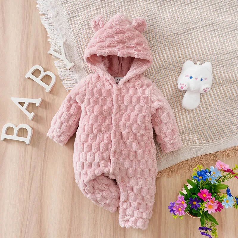 Newborn Baby Romper Winter Flannel pink Hooded ears long sleeve Unisex Baby Bodysuits 0-18 months Girl Comfort Clothes