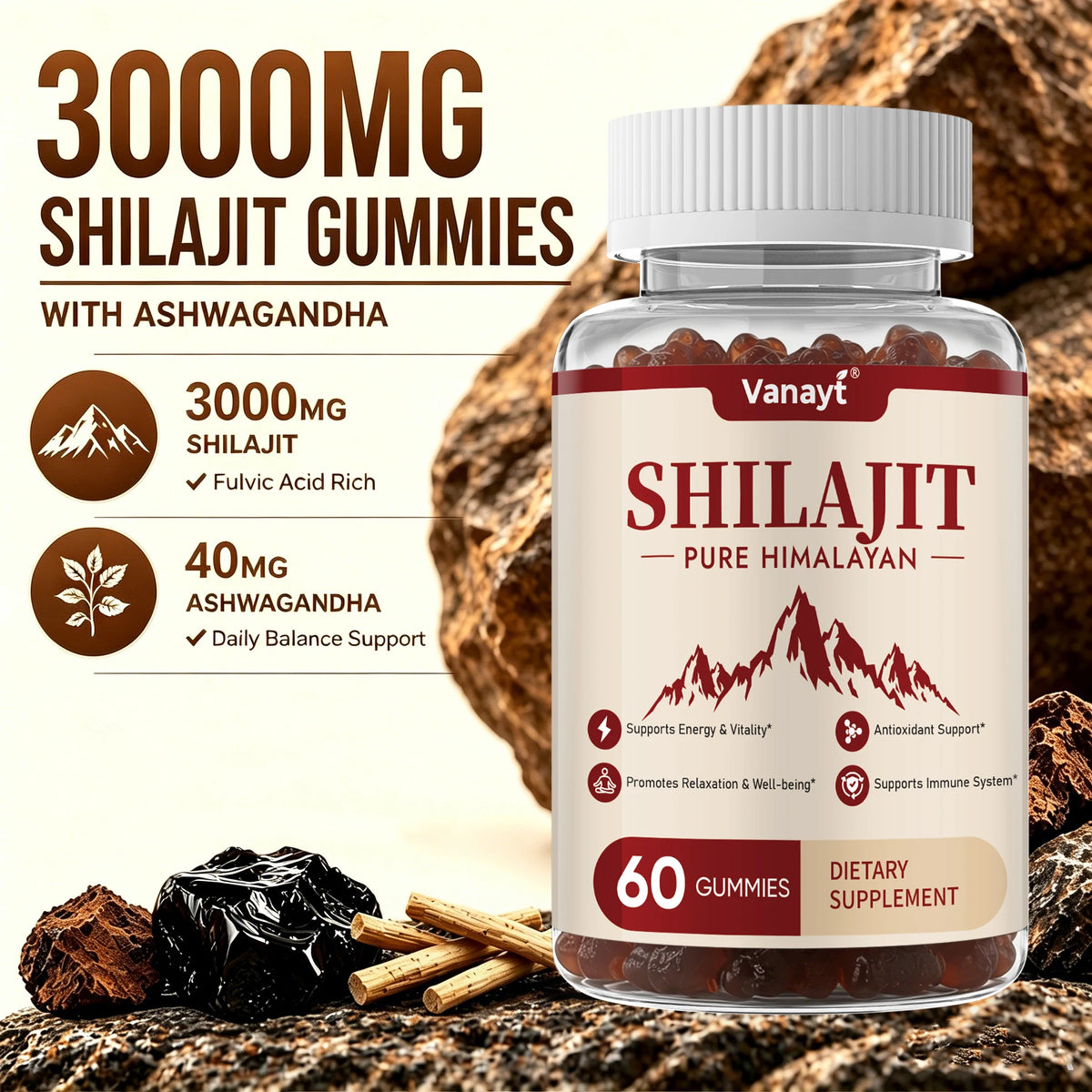 3000mg Shilajit Mineral Gummies Supports Natural Vitality Mental Wellness Balanced Mood For Daily Health 60 Count
