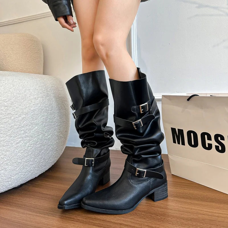 Women's Chelsea Boots 2025 Autumn New Suede High Heel Knee-high Boots Sexy Pointed Designer Elegant Banquet Ladies Gothic Boots