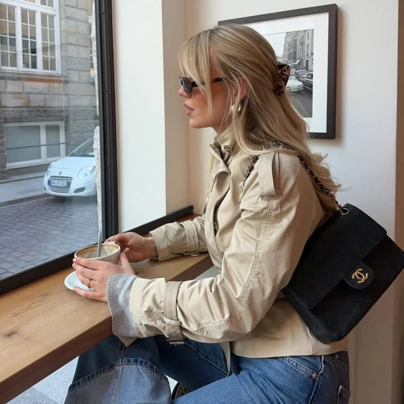 Fashion Women's Short Belt Jackets Long Sleeve Stand Collar Double Breasted Female Coat 2025 Autumn Lady Solid Outwear