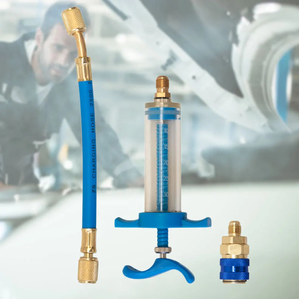 Car A/C Oil/Dye Injector 30Ml 1Oz with Low Side Quick Coupler Adapter 1/4 Air Conditioning Automotive Oiler Injection Syringe