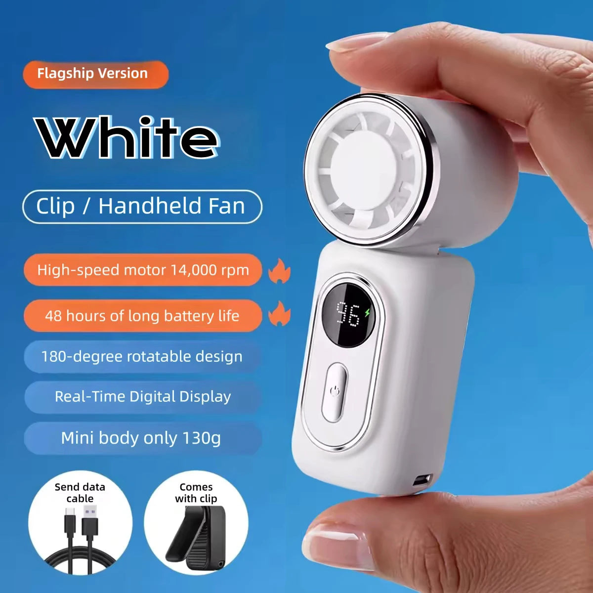 Lady's Mini Fan Handheld Small Portable Fan Cooling Turbo 5 Speeds 3000mAh LED Display 180° Rotatable Clip Rechargeable Fans