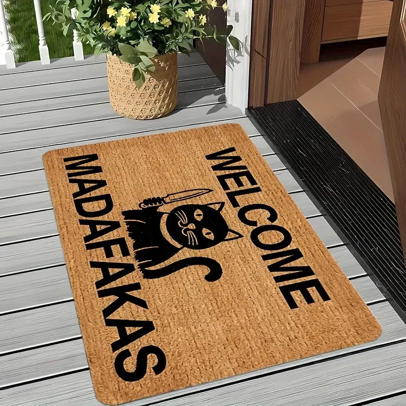 Welcome Madafakas Cat Doormat – Funny Meme-Themed Floor Mat with Angry Cat & Knife Graphic, Humorous Entryway Decor Carpet