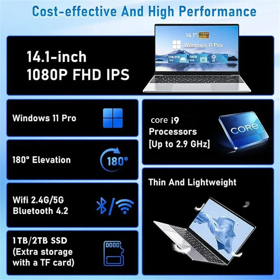 NEW Core I9-10980HK Gaming Laptop 16GB RAM 1/2TB SSD Windows 11 Pro Office Portable Laptops 14.1-inch Notebook Computer PC