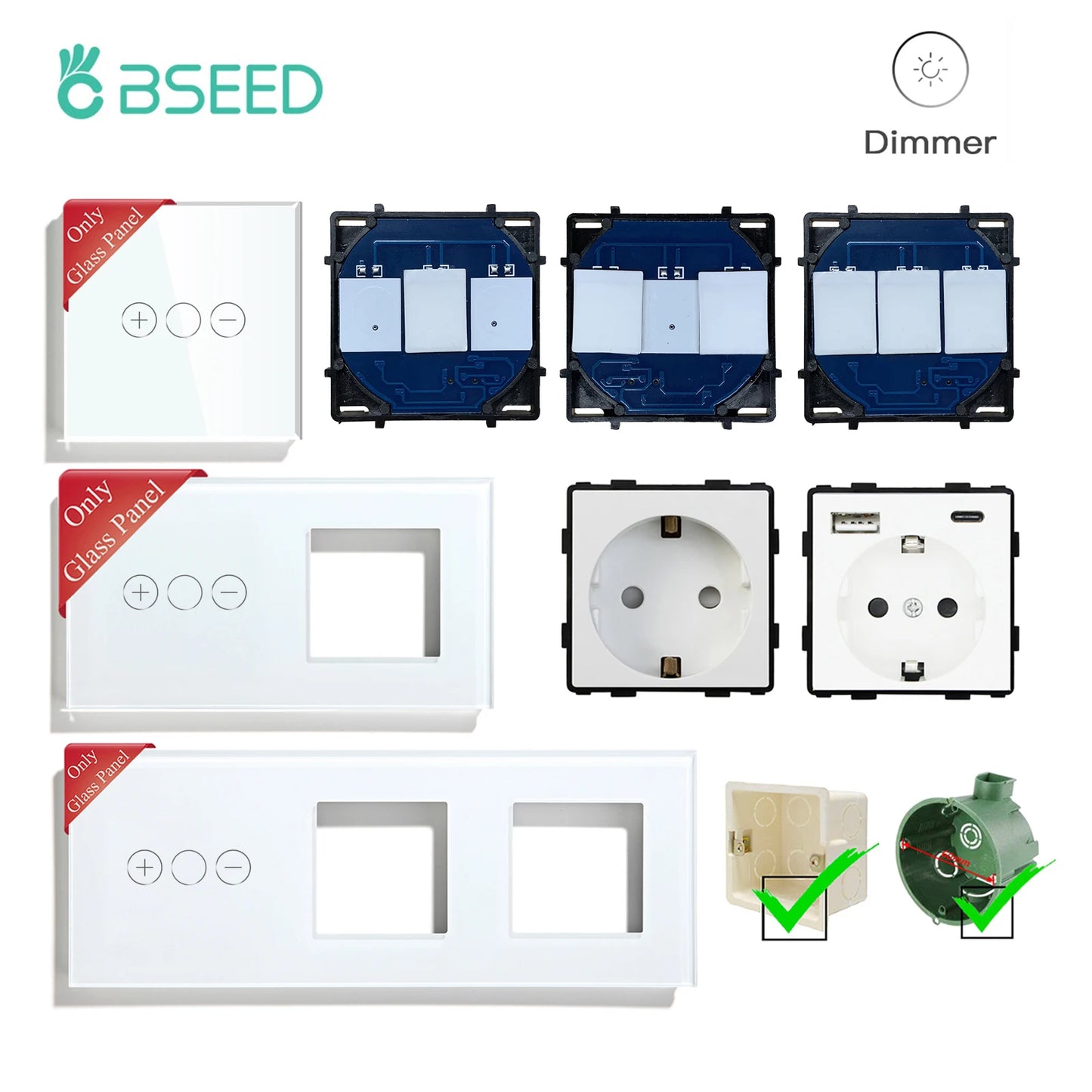 BSEED 1/2Gang Touch Light Dimmer Switch Function Base 1/2Way EU Socket Type-c USB Part Wall Glass Panels DIY Free Combination