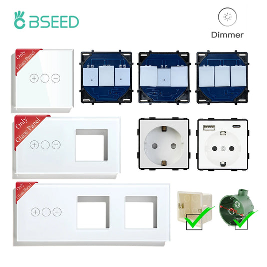 BSEED 1/2Gang Touch Light Dimmer Switch Function Base 1/2Way EU Socket Type-c USB Part Wall Glass Panels DIY Free Combination