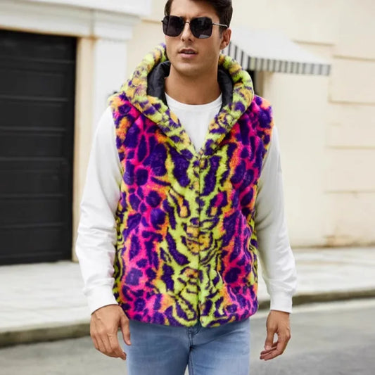 Autumn and Winter New Fashion Mens Warm Vest Imitation Fur Leopard Print Contrasting Plush Vest