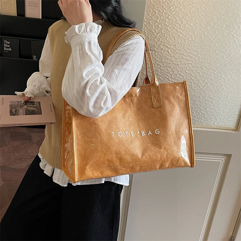 Women's Glossy Leather Tote Bag Letter Print Large Capacity Casual Commuter Shoulder Bag Fashion Daily Shopping Handbag 2026