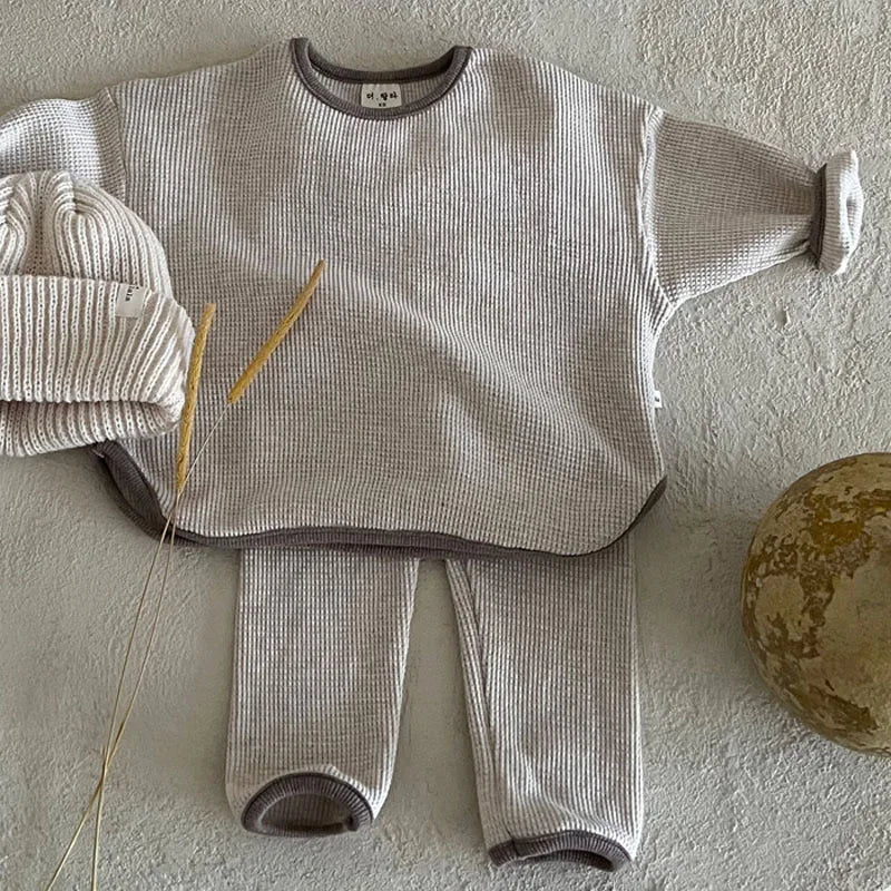 Korean Autumn Baby's Sets 2024 Toddler Casual Set Loose Kids Waffle Sweater Pants Two-piece Set Boys Clothes Suit