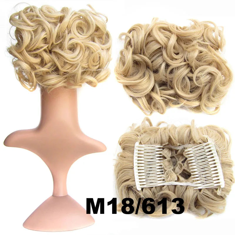 Synthetic Curly Messy Bun With Combs Scrunchie Chignon Dish Hair Bun Extension Clip in Hair Bun Hairpiece for Women Girls