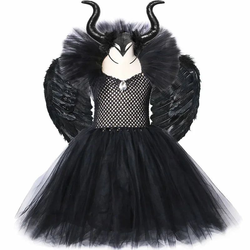 Girls Black Evil Queen Maleficent Tutu Dress Horns Wings Dark Witch Cosplay Carnival Halloween Costume for Kids Fancy Clothes