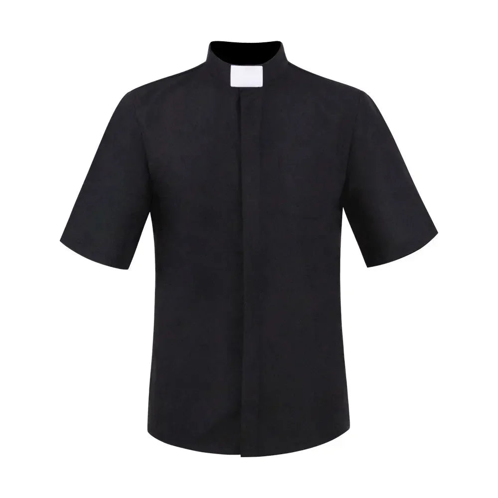 Priest Collar Shirt Men Clergy Stand-up Catholic Church Minister Preacher Summer Short Sleeve Tops Roman Blouse S-5XL