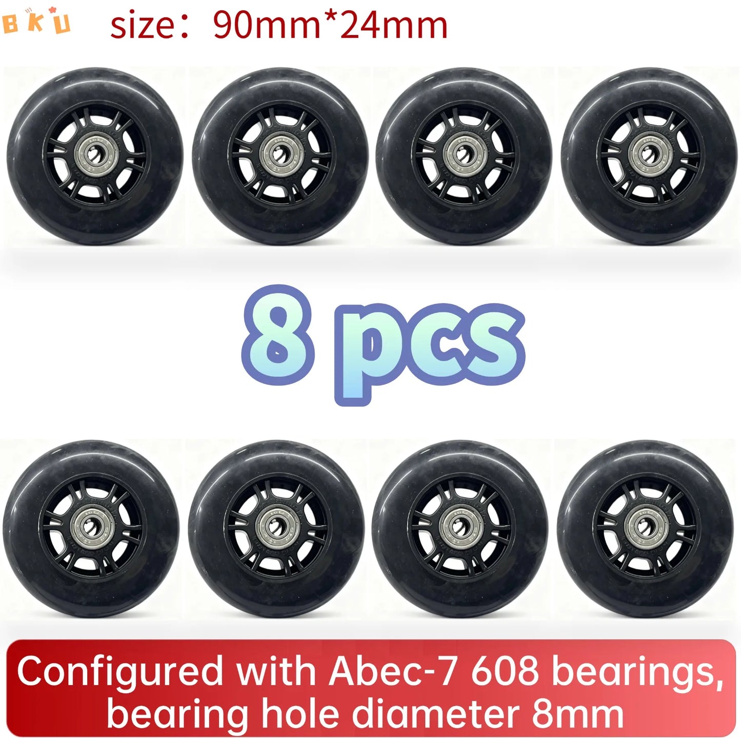 8pcs Universal 90mm PU Wheels for Inline Skates Luggage Stroller with ABEC-7 608 Bearings 12 Color Variants 8mm Inner Hole