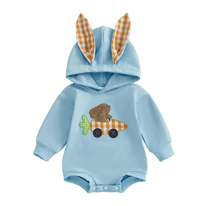 0-18M Newborn Baby Boys Easter Hooded Romper Long Sleeve Bunny Carrot Embrolidery Casual Jumpsuit