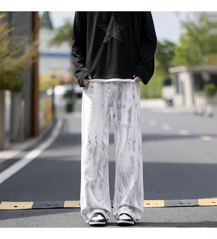 Jeans Mens Classic Straight Leg Jeans White Tie Dye Denim Pants Unisex Fashion Casual Trousers Streetwear Hip Hop Style Washed