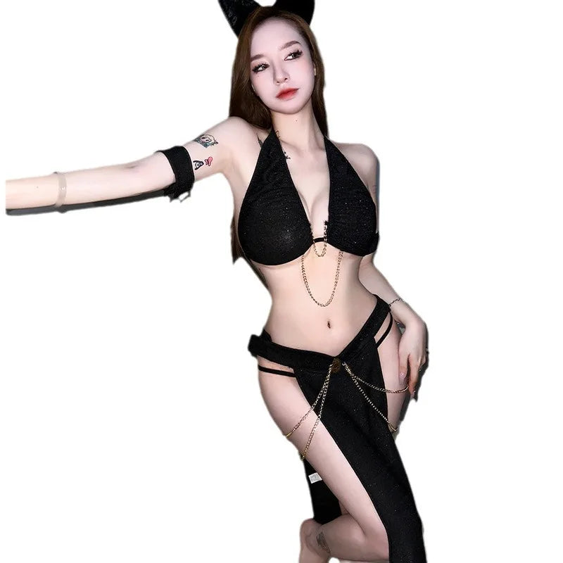 Halloween Women Sexy Lingerie Cosplay Cat Costumes Black Witch Halter Hollow Top with Dress Nightgowns Role Play Robe Dress
