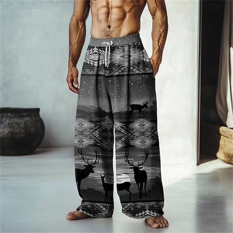 New men's loose fit casual pants with 3D printed geometric patterns, fashionable and comfortable wide leg pants