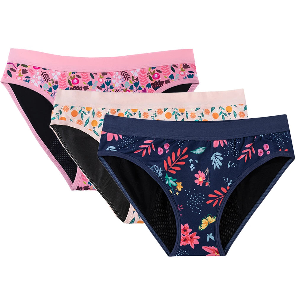 3PCS/Lot Girls Cotton Menstrual Panties For Teenager Printing Fabric Underwear 4-Layers Medium Flow Absorption Panties for Girls