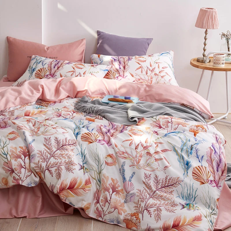 Egyptian Cotton Flower Bird Digital Printing Bedding Sets, Bed Linen Duvet Cover Set, Luxury Bed Sheets, Pillowcase, 600TC, 4Pcs